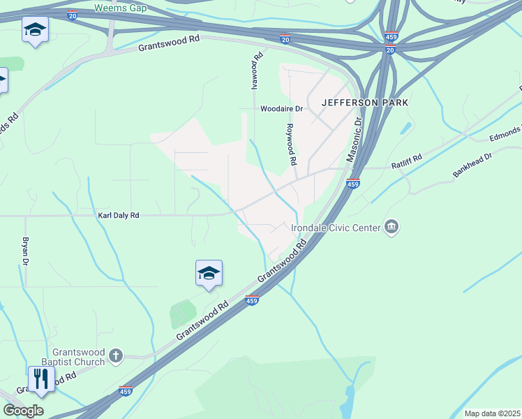 map of restaurants, bars, coffee shops, grocery stores, and more near 3241 Karl Daly Road in Birmingham