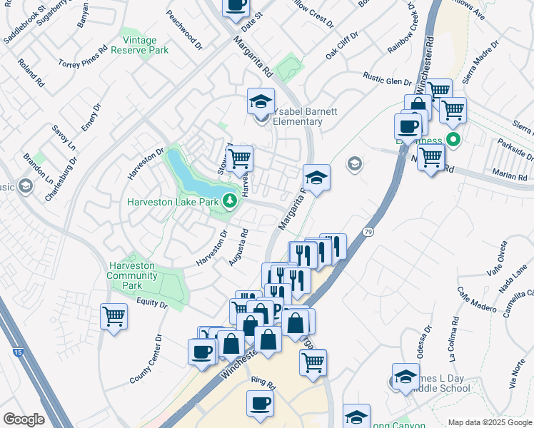 map of restaurants, bars, coffee shops, grocery stores, and more near 29082 Portland Court in Temecula
