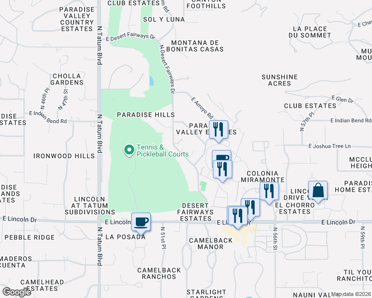 map of restaurants, bars, coffee shops, grocery stores, and more near 5235 East Palo Verde Place in Paradise Valley