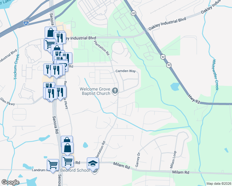 map of restaurants, bars, coffee shops, grocery stores, and more near 3050 Broadleaf Trail Road in Fairburn