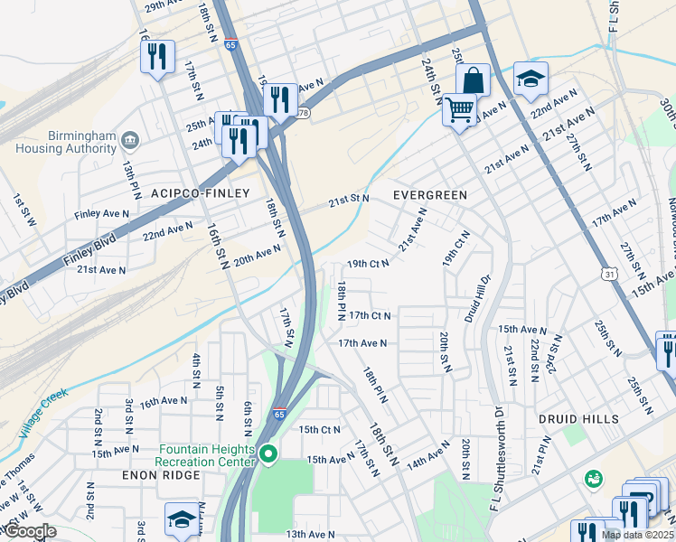 map of restaurants, bars, coffee shops, grocery stores, and more near 1962 18th Place North in Birmingham