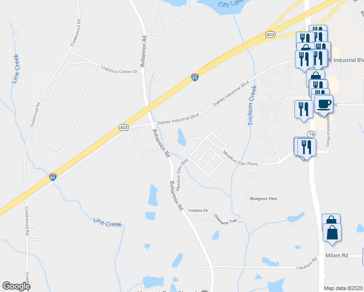map of restaurants, bars, coffee shops, grocery stores, and more near 4016 Meadow Glen Way in Fairburn