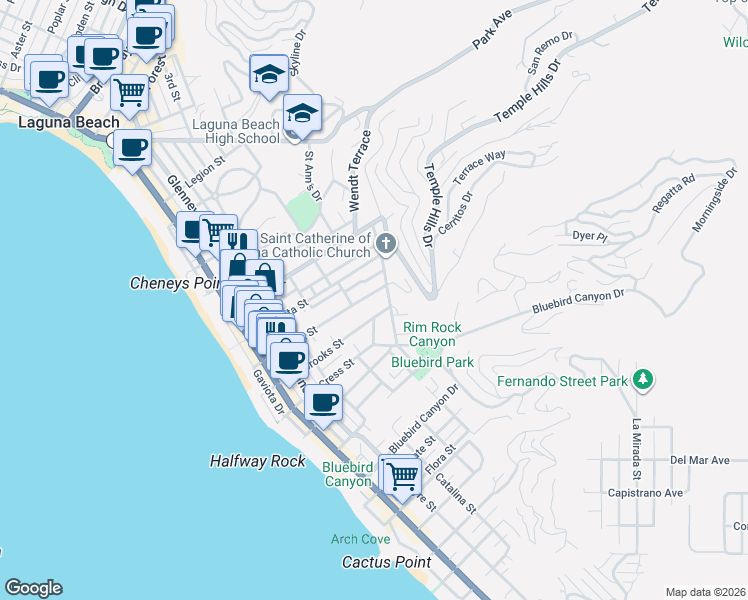 map of restaurants, bars, coffee shops, grocery stores, and more near 645 Oak Street in Laguna Beach