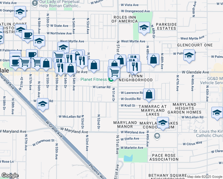 map of restaurants, bars, coffee shops, grocery stores, and more near 5127 West Glendale Avenue in Glendale
