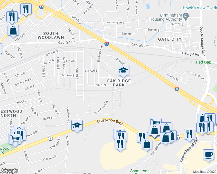 map of restaurants, bars, coffee shops, grocery stores, and more near 6833 6th Court South in Birmingham