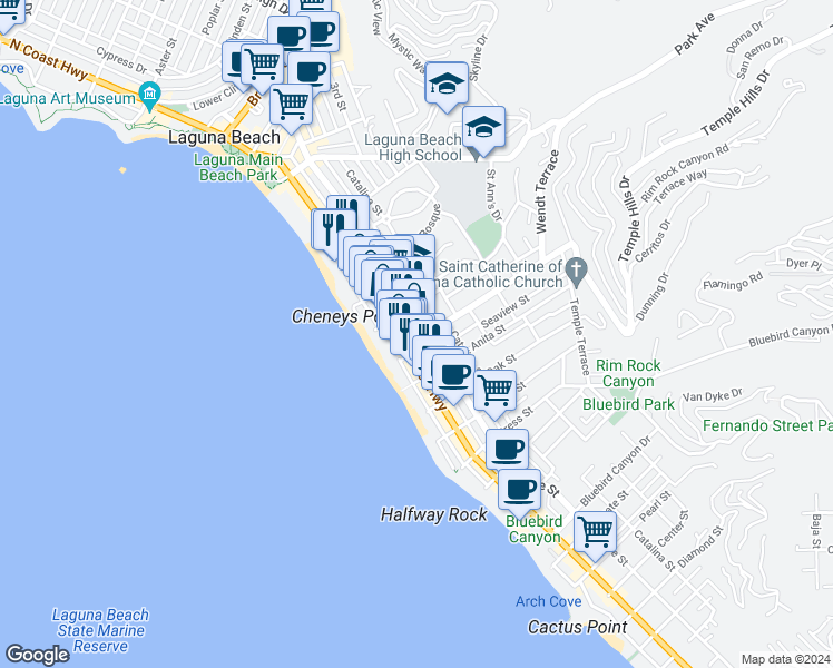 map of restaurants, bars, coffee shops, grocery stores, and more near 240 Thalia Street in Laguna Beach