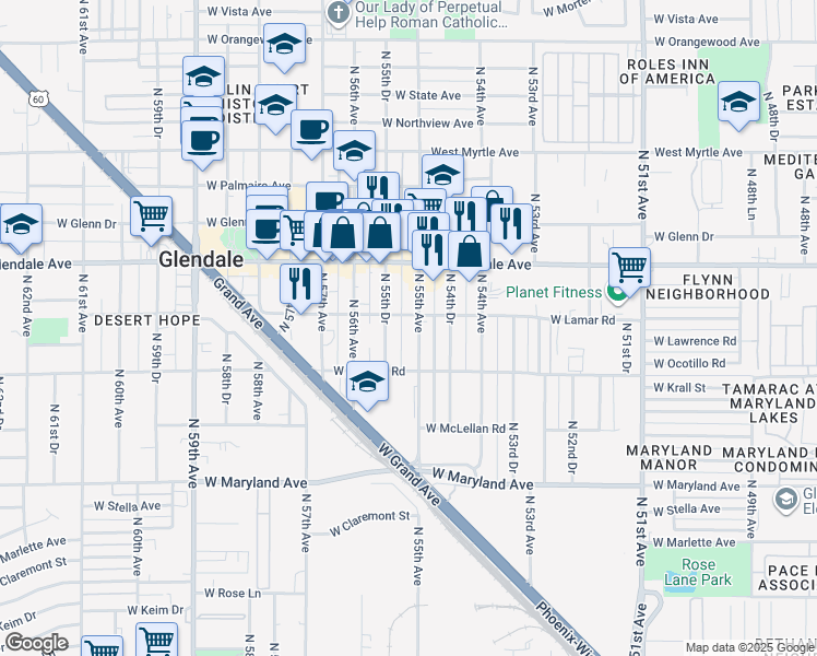 map of restaurants, bars, coffee shops, grocery stores, and more near 6802 North 55th Avenue in Glendale