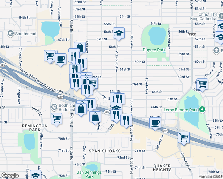map of restaurants, bars, coffee shops, grocery stores, and more near 4908 64th Street in Lubbock