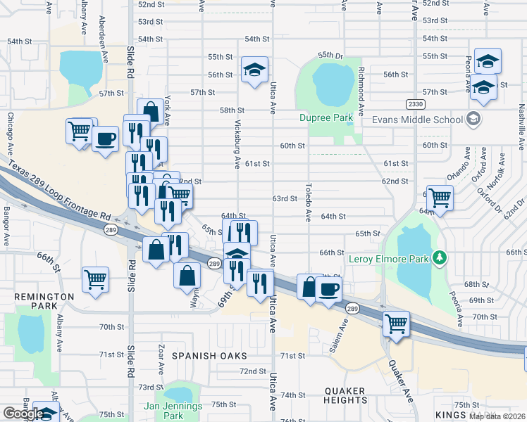 map of restaurants, bars, coffee shops, grocery stores, and more near 4806 64th Street in Lubbock
