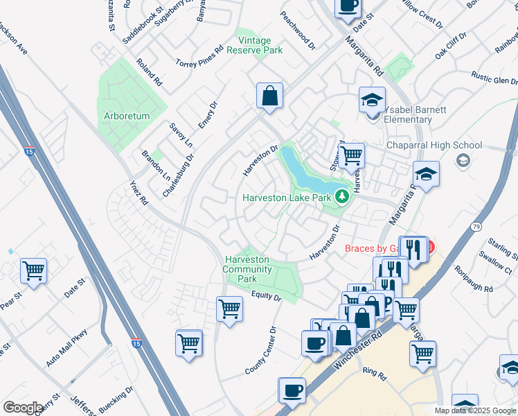 map of restaurants, bars, coffee shops, grocery stores, and more near 40251 Pasadena Drive in Temecula