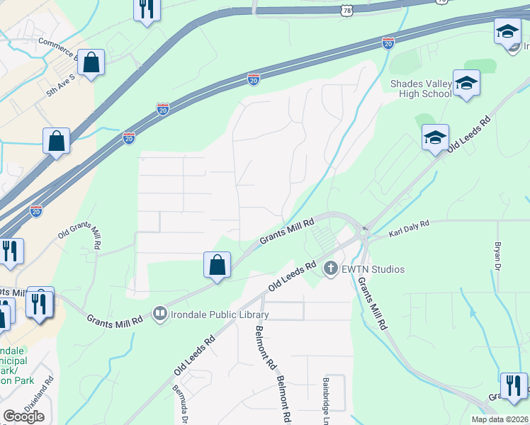 map of restaurants, bars, coffee shops, grocery stores, and more near 1174 Grants Way in Birmingham