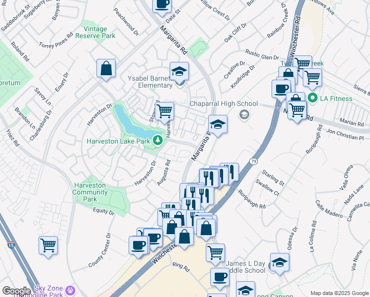 map of restaurants, bars, coffee shops, grocery stores, and more near 29082 Portland Court in Temecula