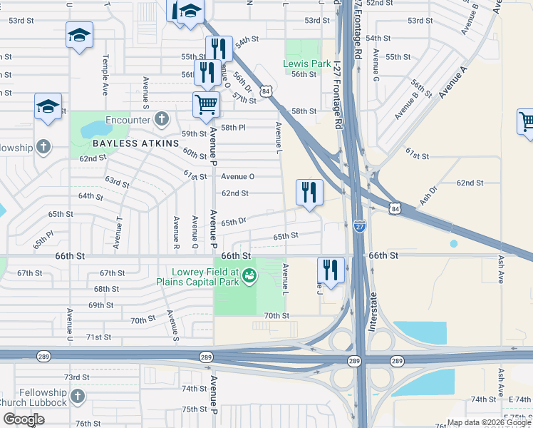 map of restaurants, bars, coffee shops, grocery stores, and more near 1311 62nd Street in Lubbock