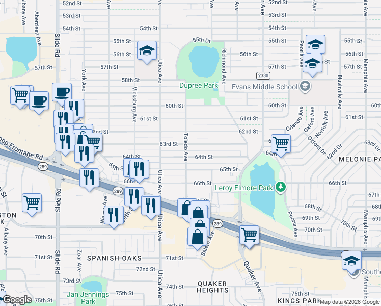 map of restaurants, bars, coffee shops, grocery stores, and more near 4619 63rd Street in Lubbock