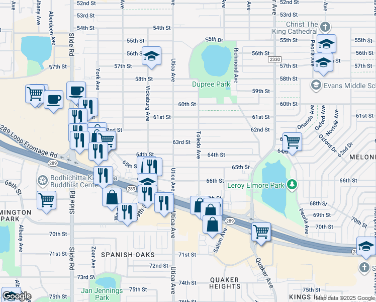map of restaurants, bars, coffee shops, grocery stores, and more near 4713-4715 63rd Street in Lubbock