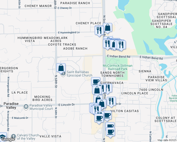 map of restaurants, bars, coffee shops, grocery stores, and more near 6990 N Scottsdale Rd in Scottsdale