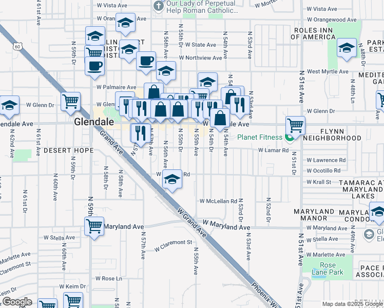 map of restaurants, bars, coffee shops, grocery stores, and more near 6802 North 55th Avenue in Glendale