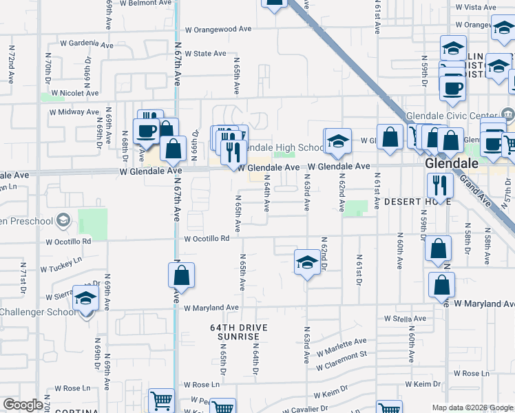 map of restaurants, bars, coffee shops, grocery stores, and more near 6419 West Flynn Lane in Glendale
