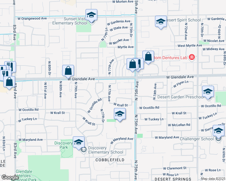 map of restaurants, bars, coffee shops, grocery stores, and more near 7663 West Flynn Lane in Glendale