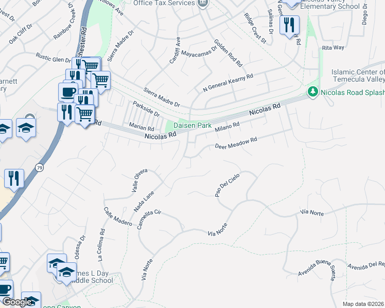 map of restaurants, bars, coffee shops, grocery stores, and more near 30069 Milano Road in Temecula