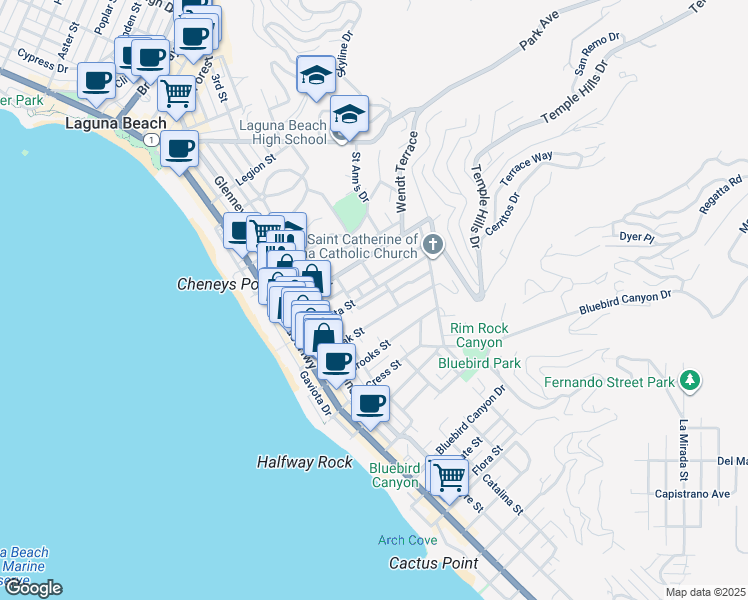 map of restaurants, bars, coffee shops, grocery stores, and more near 604 Anita Street in Laguna Beach