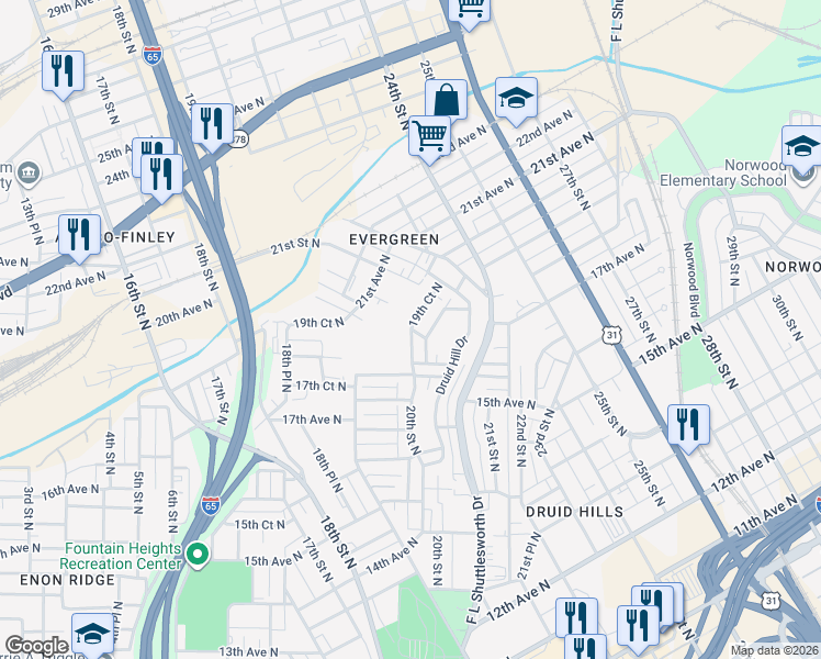 map of restaurants, bars, coffee shops, grocery stores, and more near 1911 19th Court North in Birmingham