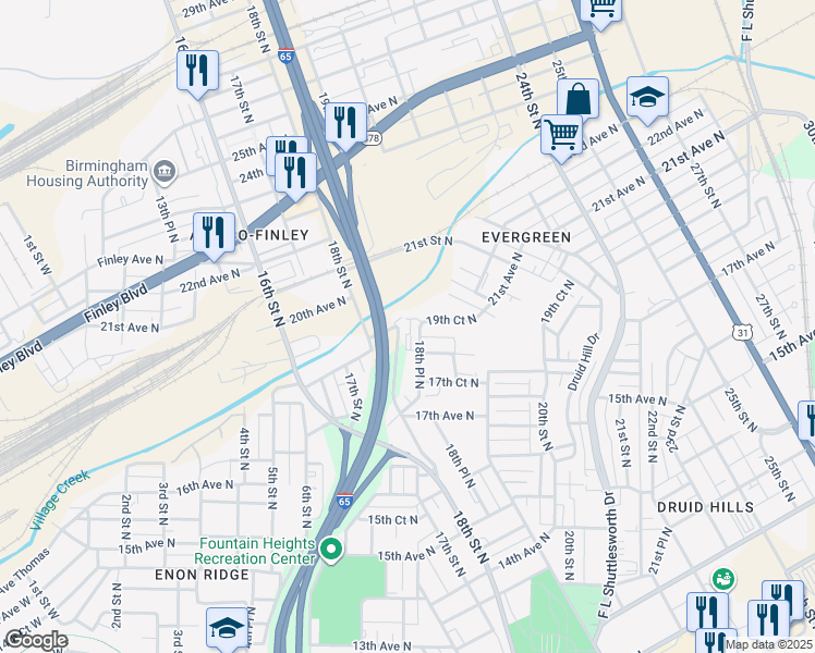map of restaurants, bars, coffee shops, grocery stores, and more near 1918 18th Place North in Birmingham