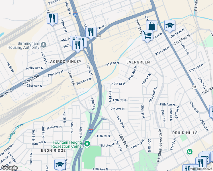 map of restaurants, bars, coffee shops, grocery stores, and more near 1918 18th Place North in Birmingham