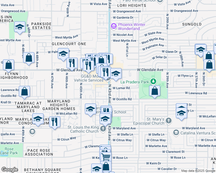 map of restaurants, bars, coffee shops, grocery stores, and more near 4315 West Glendale Avenue in Glendale