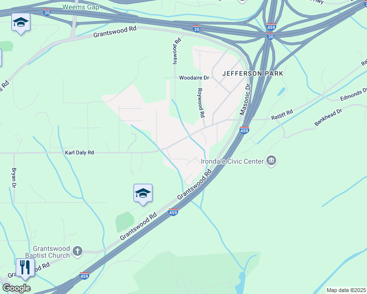 map of restaurants, bars, coffee shops, grocery stores, and more near 3241 Karl Daly Road in Birmingham