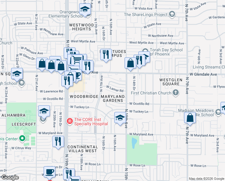 map of restaurants, bars, coffee shops, grocery stores, and more near 1618 West Lamar Road in Phoenix