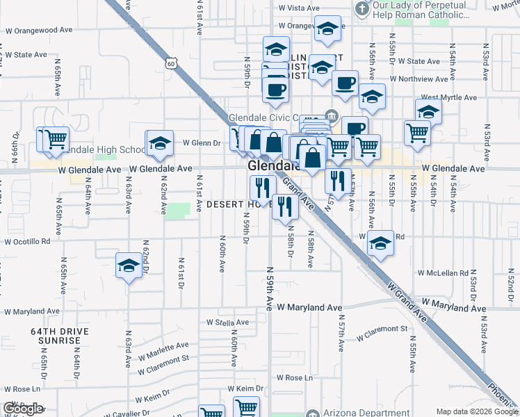 map of restaurants, bars, coffee shops, grocery stores, and more near 6802 North 59th Avenue in Glendale