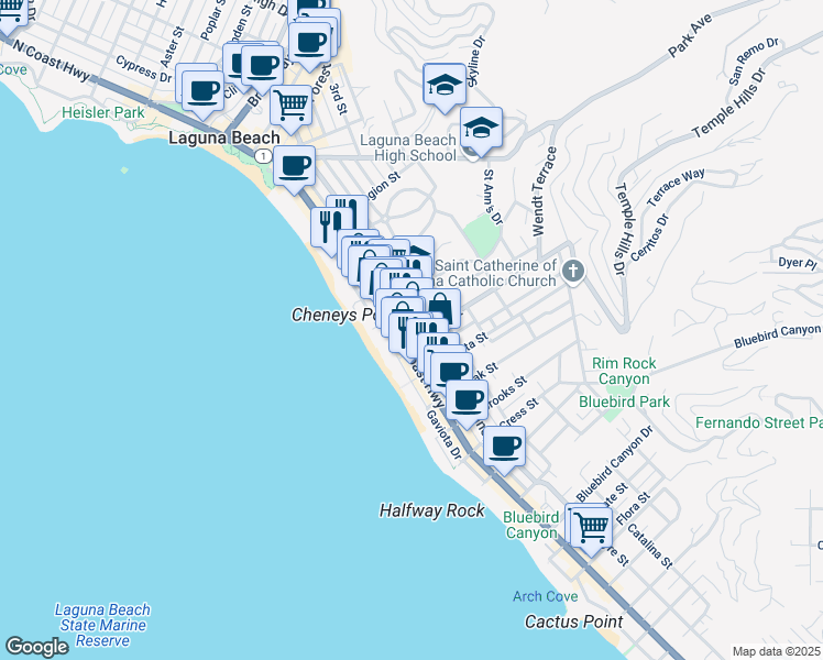 map of restaurants, bars, coffee shops, grocery stores, and more near 240 Thalia Street in Laguna Beach