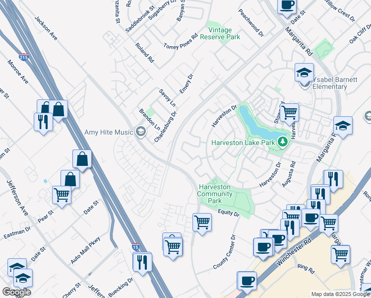 map of restaurants, bars, coffee shops, grocery stores, and more near 40278 Medford Road in Temecula