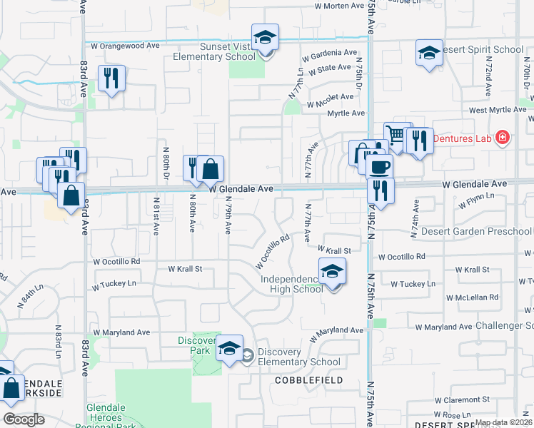 map of restaurants, bars, coffee shops, grocery stores, and more near 6915 North 78th Avenue in Glendale