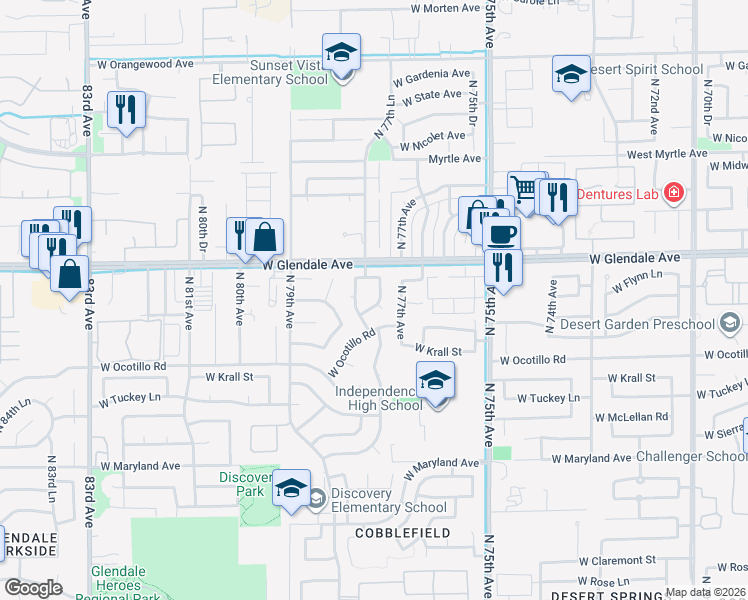 map of restaurants, bars, coffee shops, grocery stores, and more near 7755 West Flynn Lane in Glendale