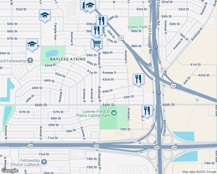 map of restaurants, bars, coffee shops, grocery stores, and more near 1322 65th Drive in Lubbock