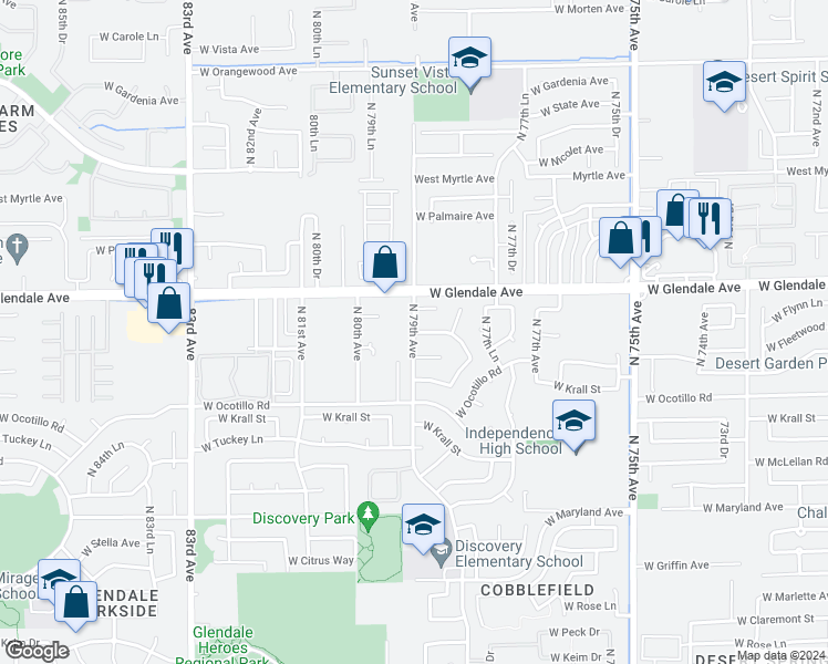 map of restaurants, bars, coffee shops, grocery stores, and more near 13004 West Fleetwood Lane in Glendale