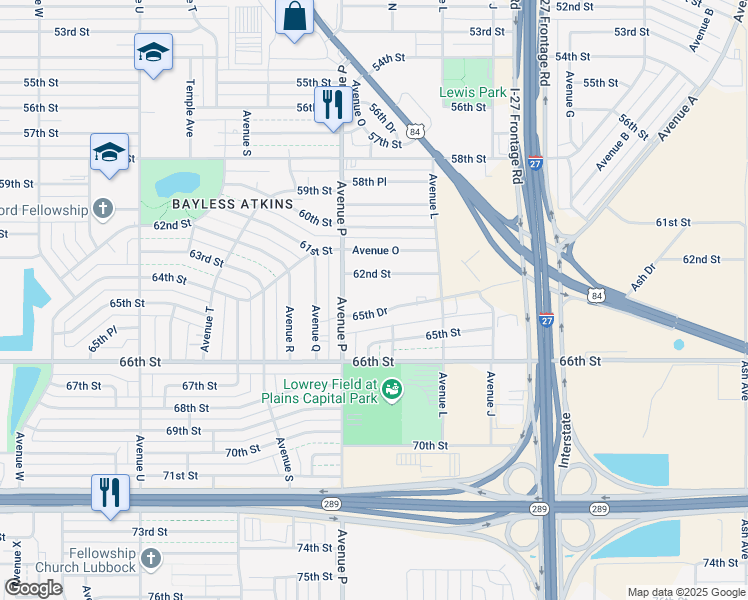 map of restaurants, bars, coffee shops, grocery stores, and more near 1322 65th Drive in Lubbock