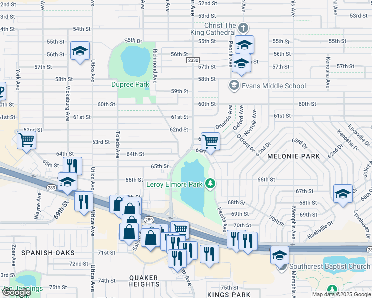 map of restaurants, bars, coffee shops, grocery stores, and more near 6306 Quaker Avenue in Lubbock