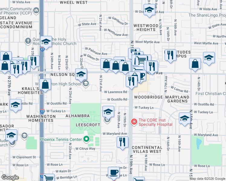 map of restaurants, bars, coffee shops, grocery stores, and more near 6801 North 21st Avenue in Phoenix