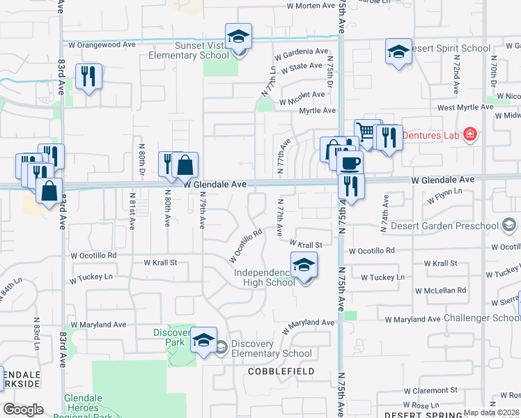 map of restaurants, bars, coffee shops, grocery stores, and more near 7755 West Flynn Lane in Glendale