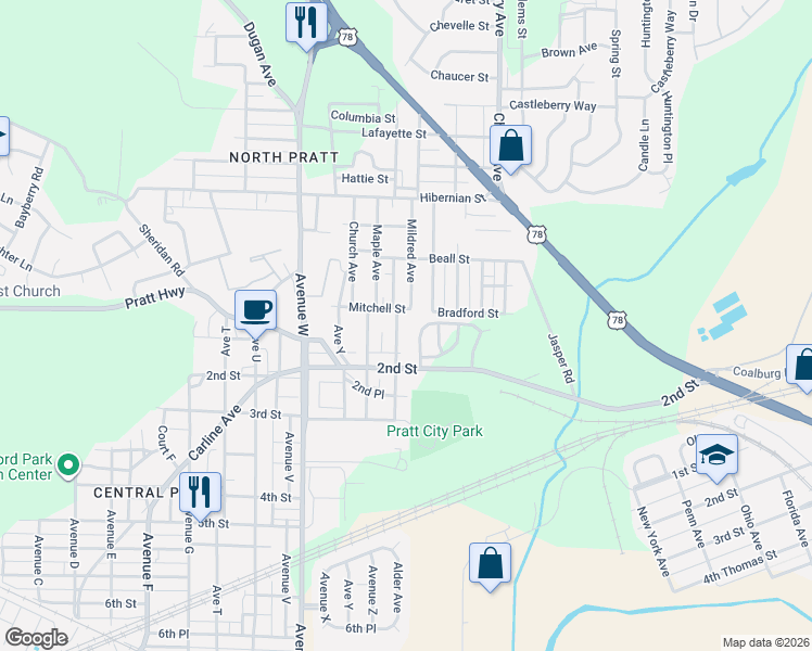 map of restaurants, bars, coffee shops, grocery stores, and more near 100 Alder Avenue in Birmingham