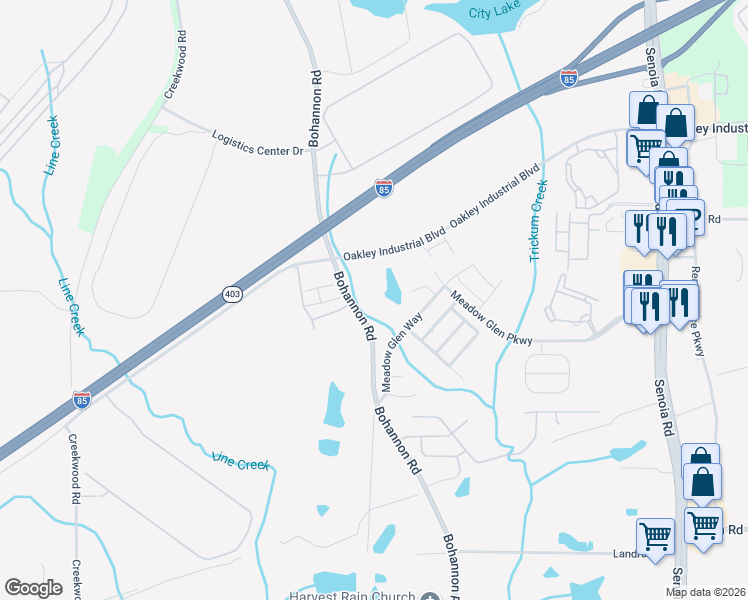 map of restaurants, bars, coffee shops, grocery stores, and more near 7875 Bohannon Road in Fairburn