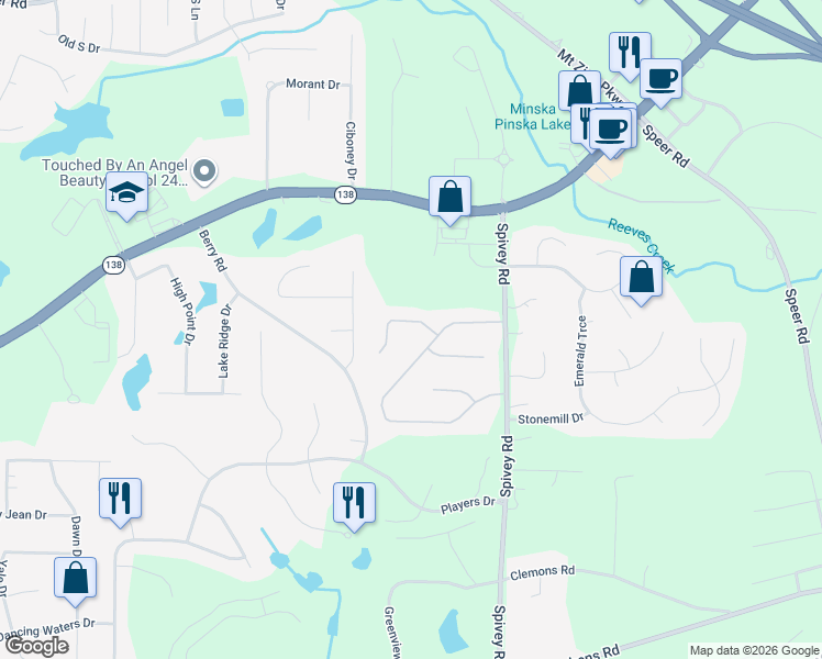 map of restaurants, bars, coffee shops, grocery stores, and more near 206 Hunting Court in Jonesboro