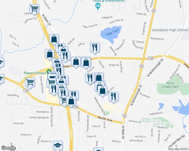map of restaurants, bars, coffee shops, grocery stores, and more near 7977 Keystone Court in Jonesboro