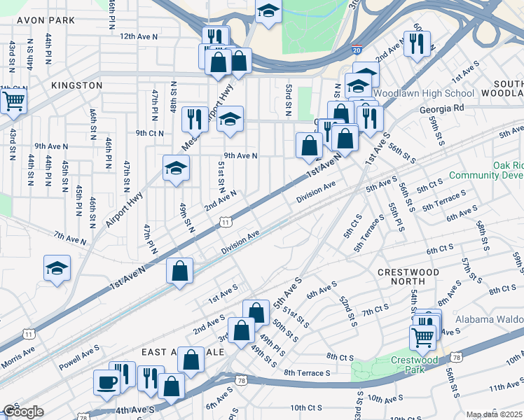 map of restaurants, bars, coffee shops, grocery stores, and more near 5200 1st Avenue North in Birmingham