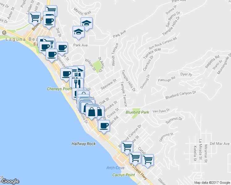 map of restaurants, bars, coffee shops, grocery stores, and more near 596 Oak Street in Laguna Beach