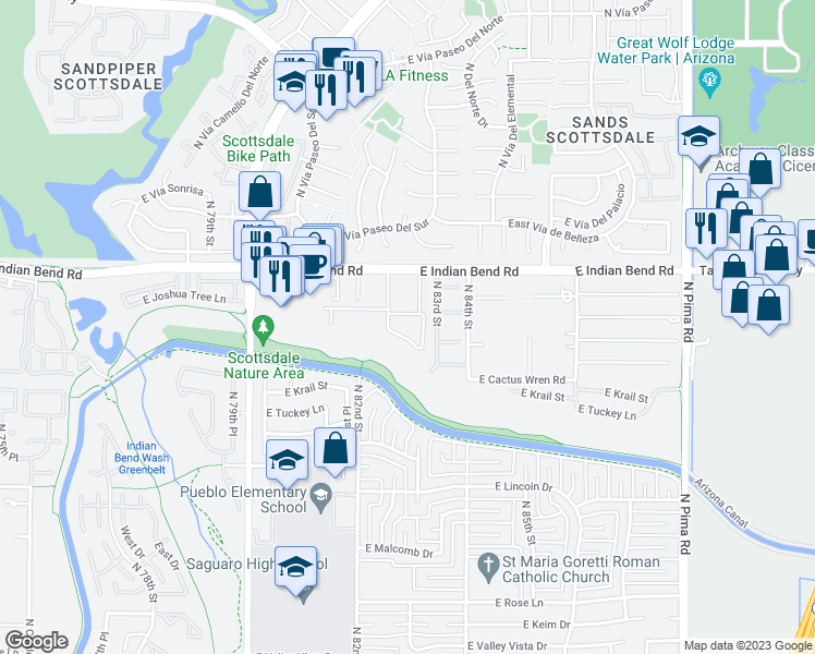map of restaurants, bars, coffee shops, grocery stores, and more near 8235 East Indian Bend Road in Scottsdale