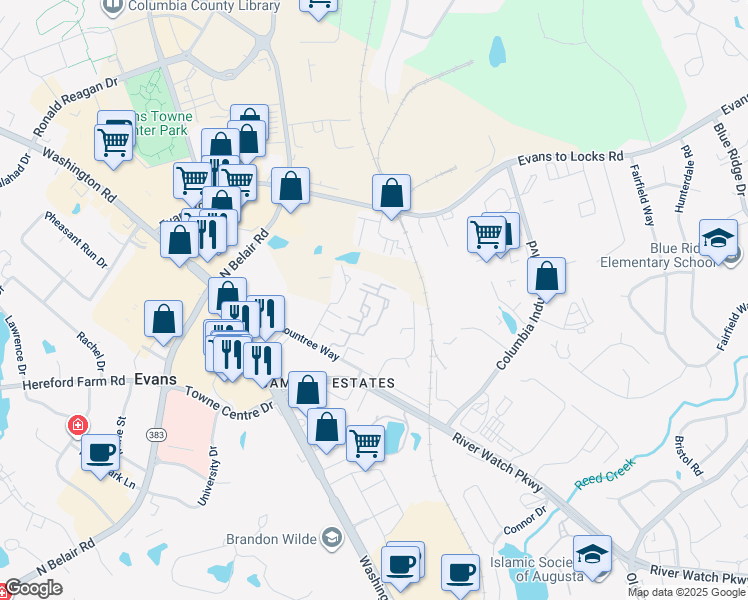 map of restaurants, bars, coffee shops, grocery stores, and more near 4040 Brownstone Drive in Evans